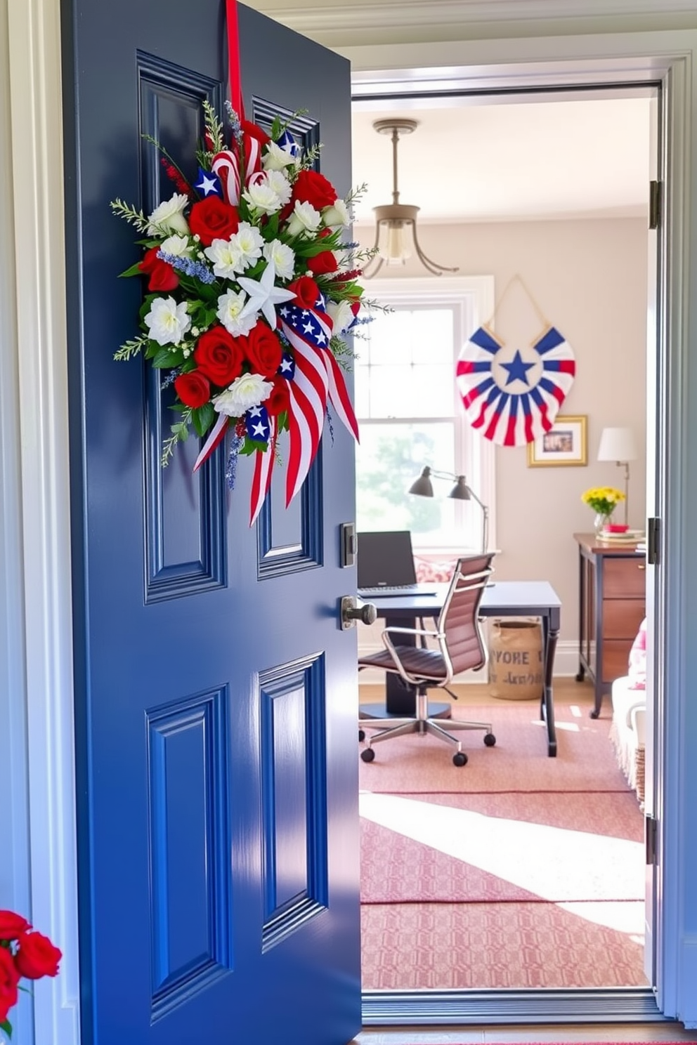 A patriotic wreath adorns the front door, featuring red white and blue flowers along with stars and stripes accents. The entrance is warmly inviting, setting a festive tone for Independence Day celebrations. Inside the home office, a sleek desk is positioned by a window, allowing natural light to illuminate the space. Red white and blue decor elements such as cushions and wall art create a cohesive theme that inspires productivity and patriotism.