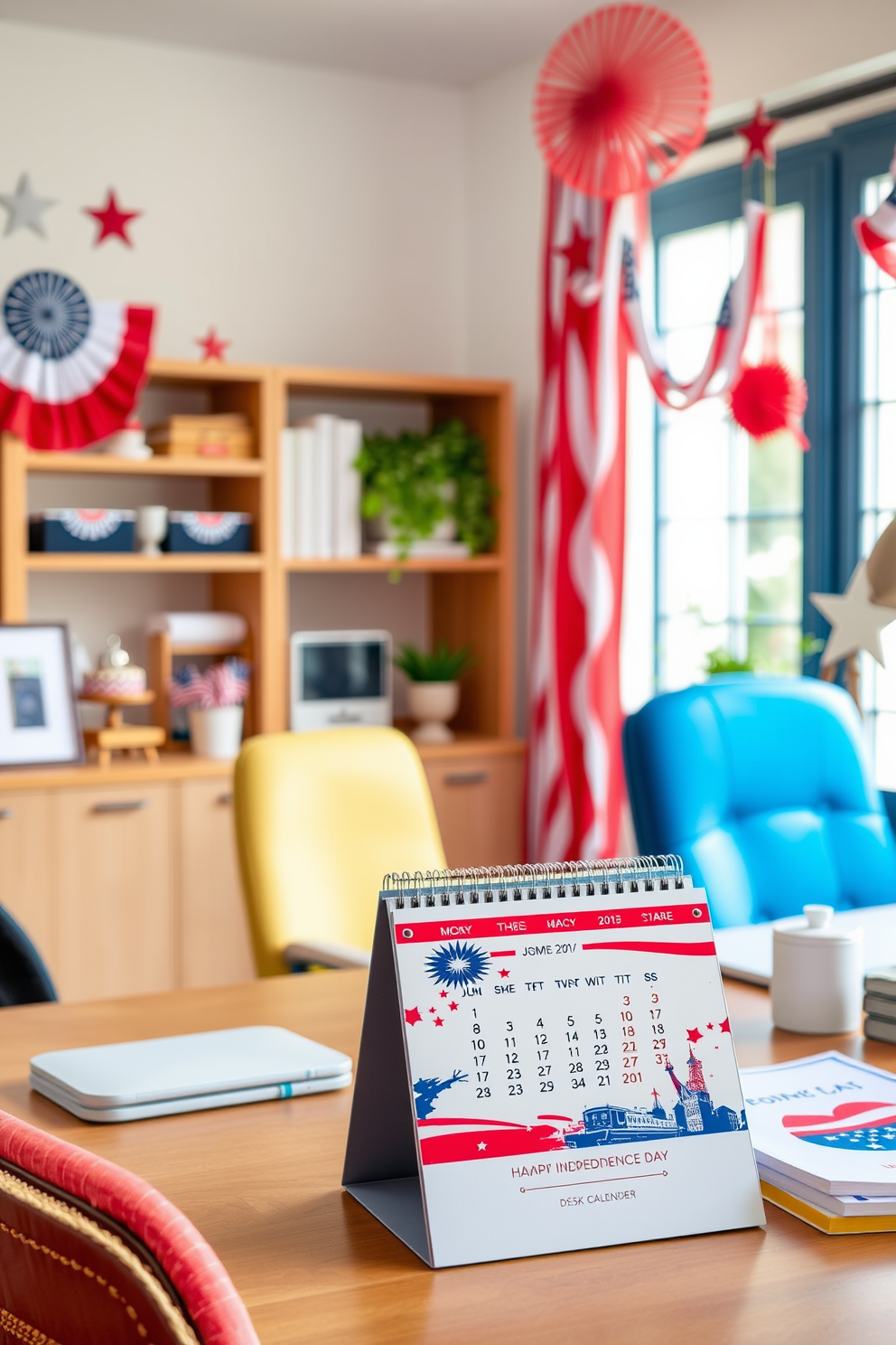 A desk calendar designed for Independence Day features a patriotic color scheme of red white and blue. Each month showcases iconic American symbols such as the flag and fireworks with a clean and modern layout. The home office is decorated with festive Independence Day elements including bunting and star-shaped decorations. A comfortable workspace is enhanced by a red white and blue color palette creating an inspiring atmosphere for productivity.