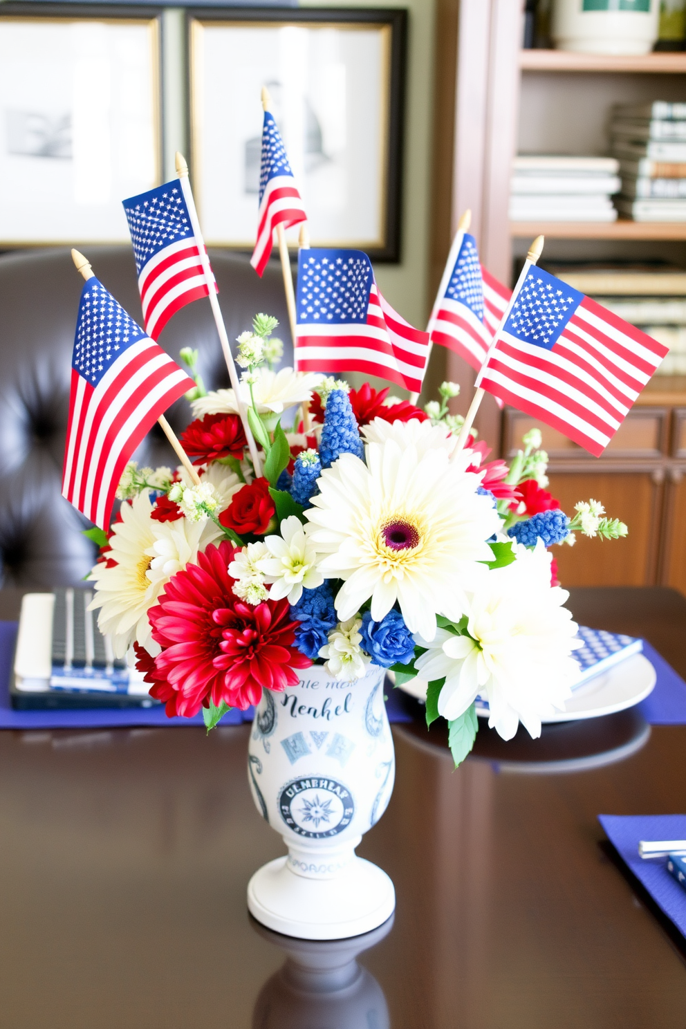 Create a vibrant table centerpiece for a home office celebrating Independence Day. Incorporate mini flags in red white and blue arranged in a decorative vase alongside seasonal flowers and patriotic accents.