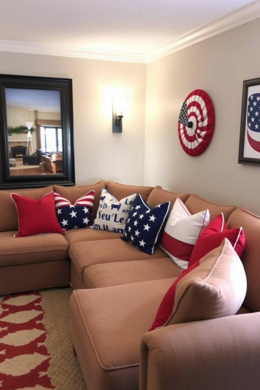 Create a cozy home theater setting featuring red white and blue themed cushions arranged on a plush sectional sofa. The walls are adorned with patriotic artwork and soft lighting creates a warm ambiance perfect for celebrating Independence Day.