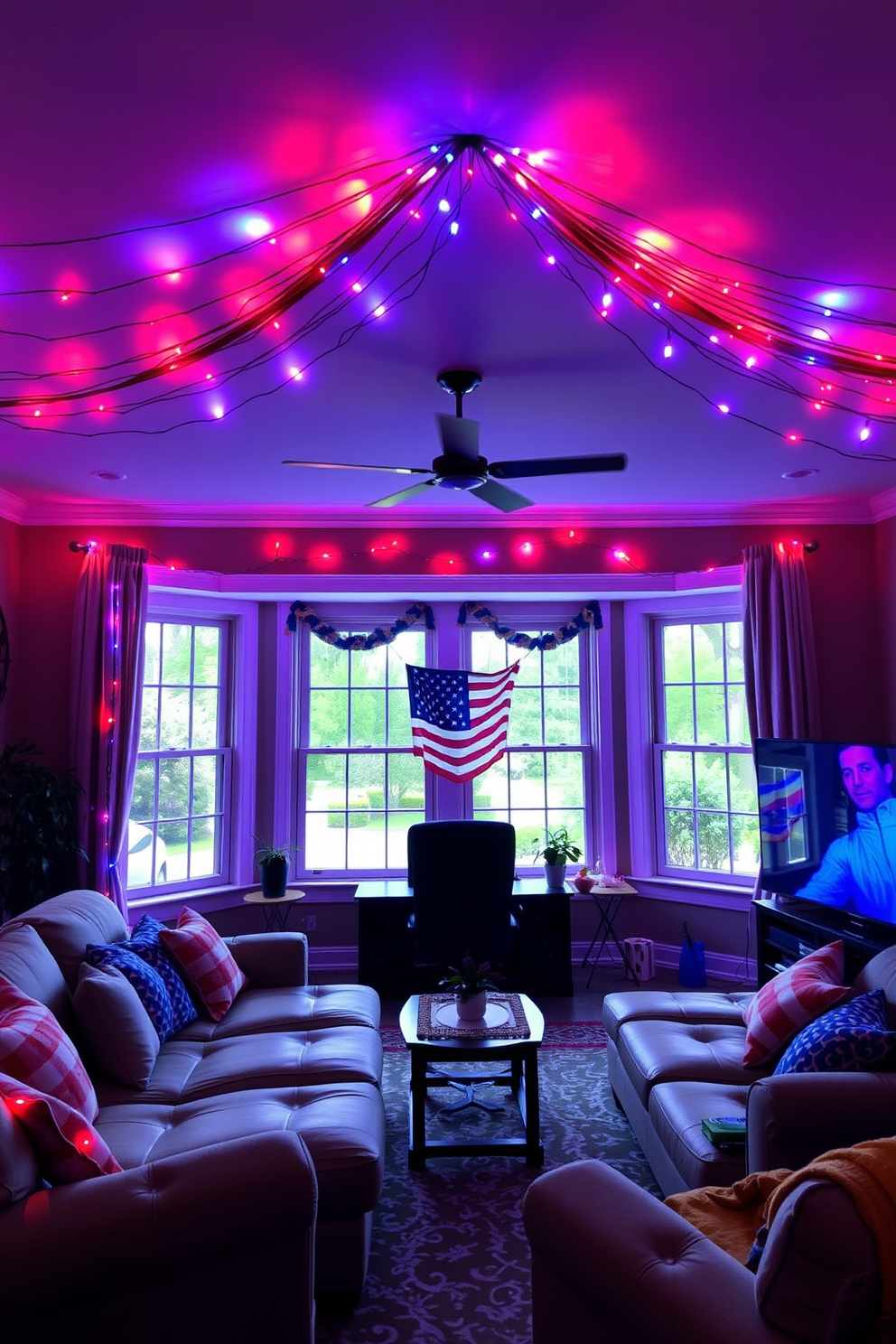 A vibrant DIY photo booth corner is set up with a backdrop of red white and blue streamers. Various props like star shaped sunglasses and patriotic hats are scattered on a colorful table nearby. The home theater is decorated with cozy seating featuring red and blue cushions. Twinkling fairy lights hang from the ceiling creating a festive atmosphere perfect for celebrating Independence Day.