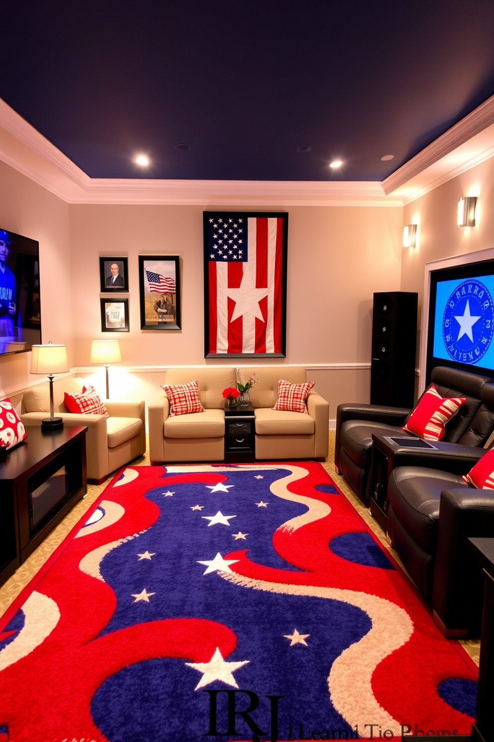 A vibrant home theater setting featuring a red white and blue area rug that adds a festive touch. The walls are adorned with patriotic-themed artwork and comfortable seating arranged for optimal viewing.