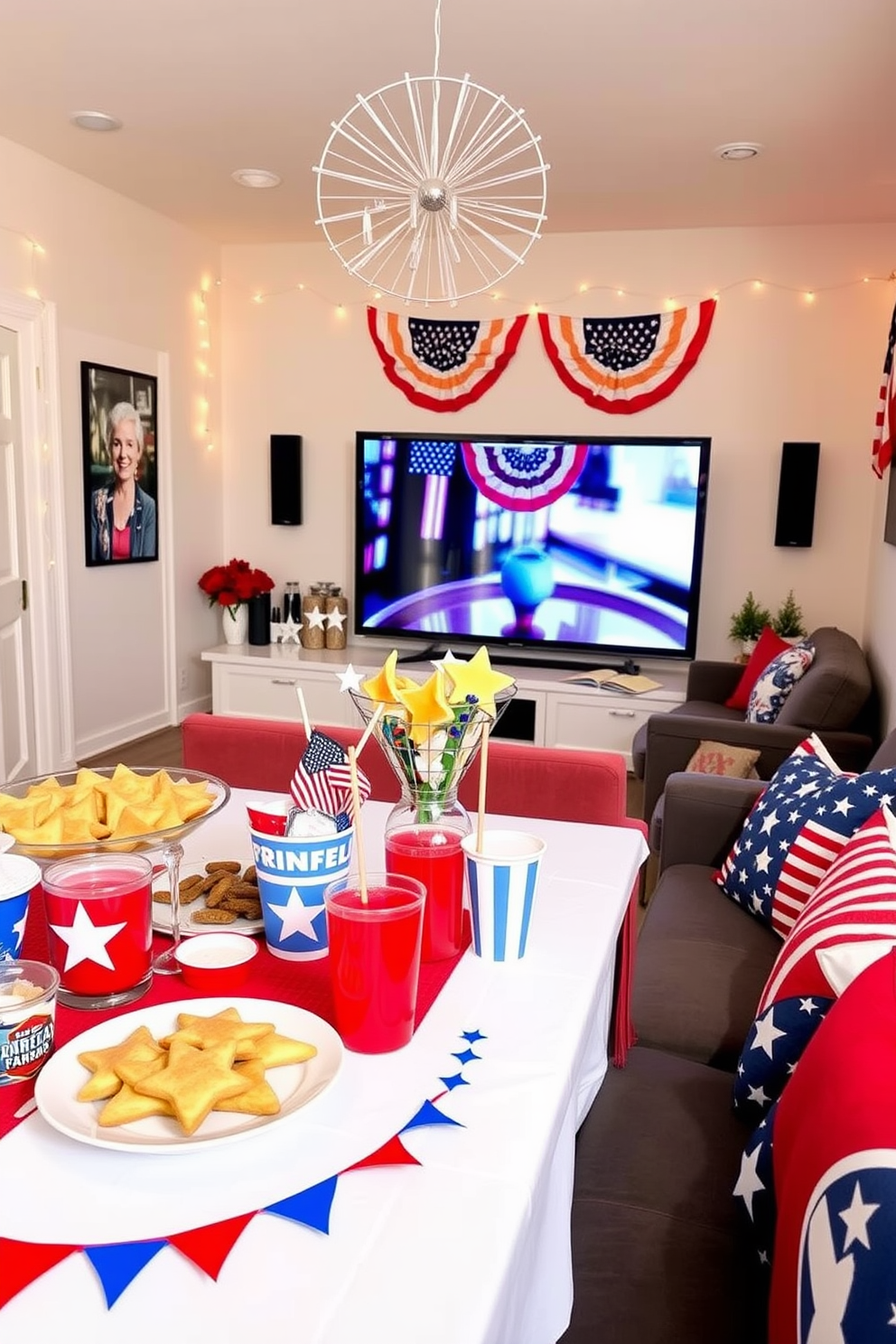 A vibrant snacks and drinks station inspired by Independence Day. The table is adorned with red white and blue decorations featuring themed snacks like star shaped cookies and mini burgers alongside refreshing beverages in festive cups. A cozy home theater designed for celebrating Independence Day. The space is equipped with a large screen and comfortable seating featuring patriotic throw pillows while the walls are decorated with string lights and American flags for a festive atmosphere.