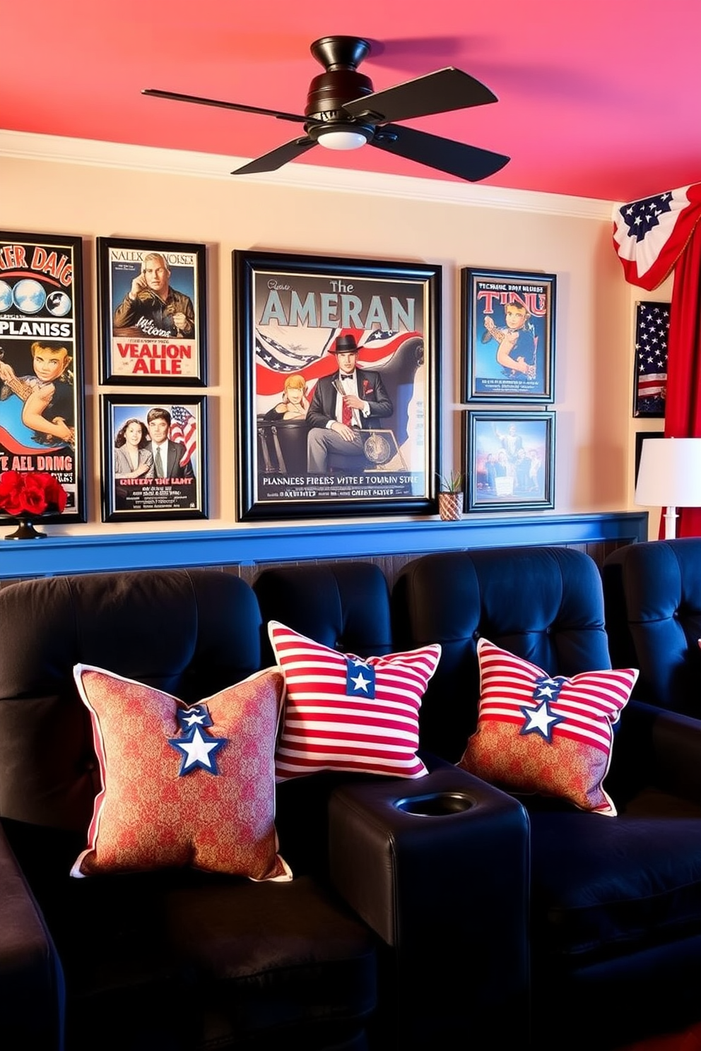 A cozy home theater adorned with vintage Americana decor. Red white and blue accents are prominently featured throughout the space creating a festive atmosphere for Independence Day celebrations. The walls are decorated with framed vintage posters of classic American films. Plush seating with patriotic throw pillows invites guests to relax and enjoy the movie experience.