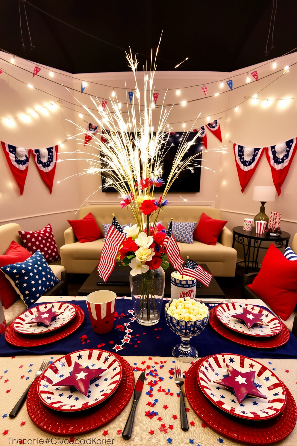 A vibrant table setting inspired by firecrackers for an Independence Day celebration. The table is adorned with red white and blue tableware featuring star patterns and fireworks motifs. The centerpiece includes a striking arrangement of sparklers and colorful flowers in a glass vase. Surrounding the table are festive decorations like mini flags and themed confetti scattered across the tablecloth. A cozy home theater decorated for Independence Day viewing parties. The seating area is arranged with plush red and blue cushions while patriotic banners hang across the walls. Mood lighting is created with string lights and themed candles on side tables. A popcorn station with red white and blue treats adds a fun touch to the movie experience.