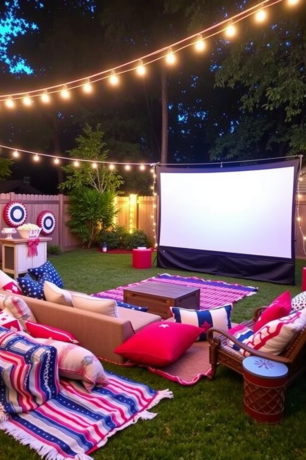 Create a cozy outdoor movie night setting featuring a large screen set up in a backyard. Surround the screen with colorful blankets and cushions for guests to sit on, creating a festive atmosphere for Independence Day celebrations. Incorporate string lights overhead to add warmth and ambiance to the space. Include a popcorn station nearby with red, white, and blue decorations to enhance the home theater experience.