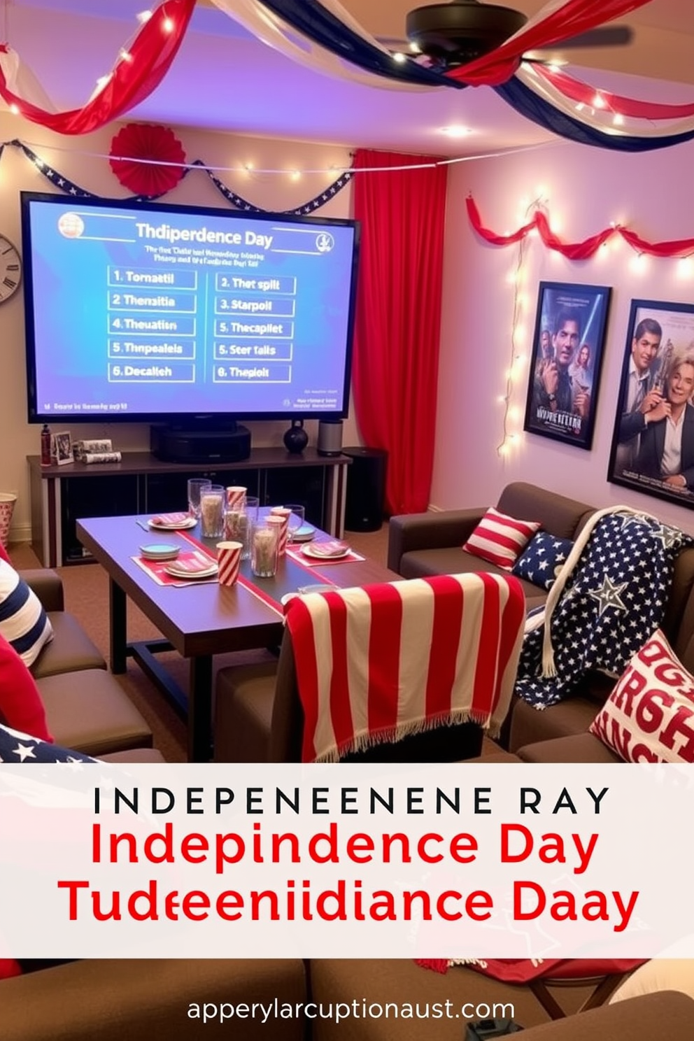 A cozy home theater adorned with decorative pillows featuring vibrant fireworks designs. The pillows are arranged on a plush sectional sofa, creating a festive and inviting atmosphere for Independence Day celebrations.