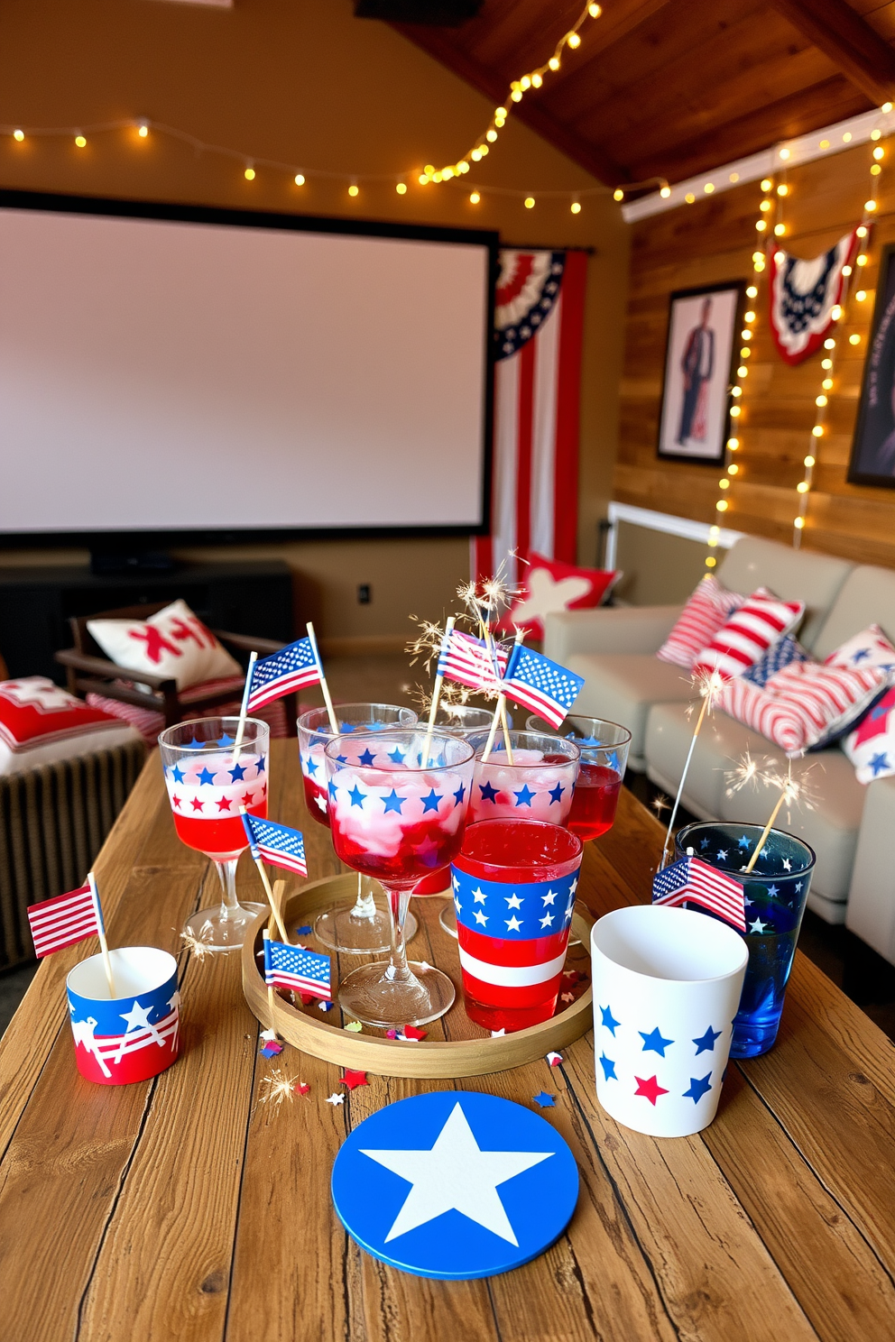 A collection of patriotic themed drinkware displayed on a rustic wooden table. The drinkware features red, white, and blue colors with stars and stripes designs, surrounded by festive decorations like miniature flags and sparklers. A cozy home theater decorated for Independence Day celebrations. The space includes a large screen with a red, white, and blue themed backdrop, comfortable seating adorned with themed cushions, and string lights creating a festive ambiance.