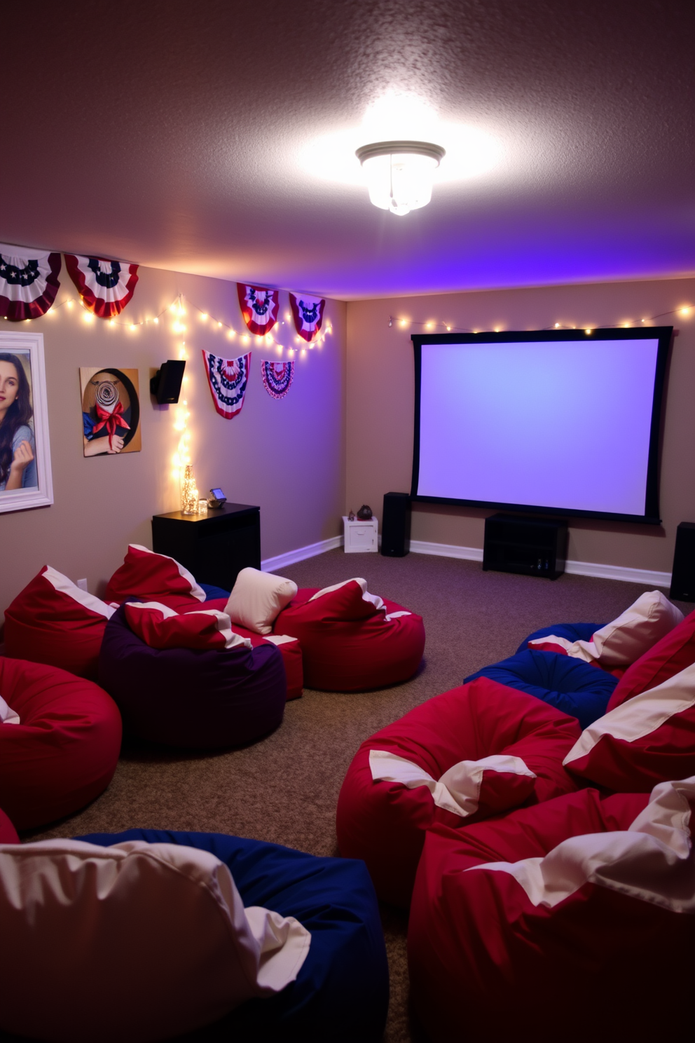 A cozy home theater setting featuring red white and blue bean bags arranged in a semi-circle facing a large projection screen. The walls are adorned with festive decorations celebrating Independence Day, including banners and string lights that create a warm inviting atmosphere.