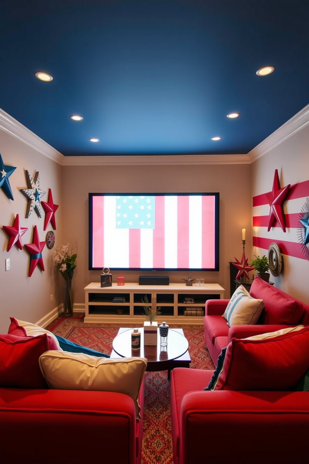 A cozy home theater featuring patriotic artwork on the walls that celebrates Independence Day. The seating area includes plush recliners in a deep navy blue, with a large screen framed by red and white striped curtains.