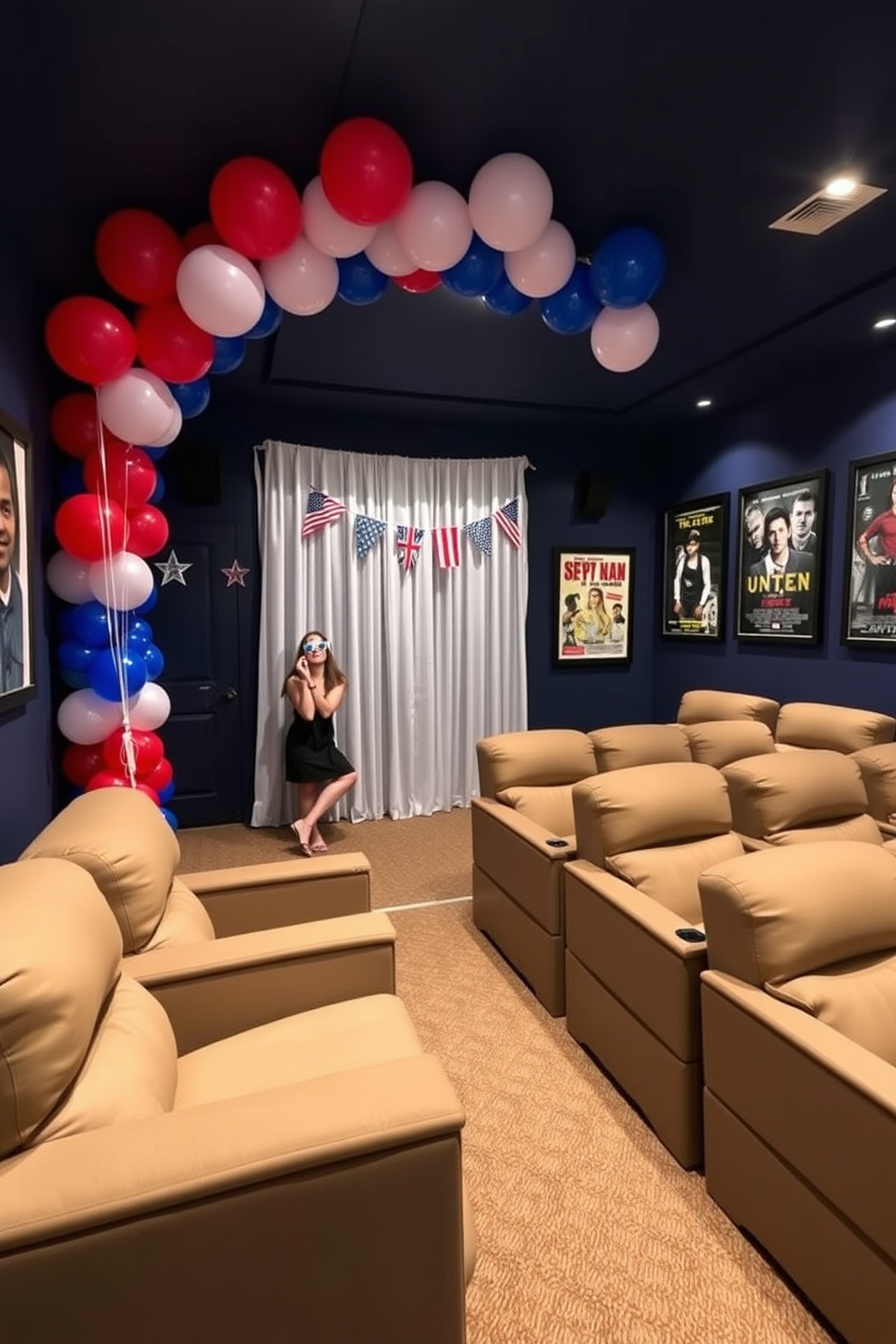 A vibrant photo booth corner celebrating Independence Day features a backdrop of red white and blue balloons arranged in an arch. The space is adorned with patriotic props such as mini flags and star-shaped sunglasses for guests to enjoy. The home theater is designed with plush reclining seats arranged in a tiered layout for optimal viewing. Walls are painted a deep navy blue and decorated with framed movie posters, while soft ambient lighting creates a cozy atmosphere.