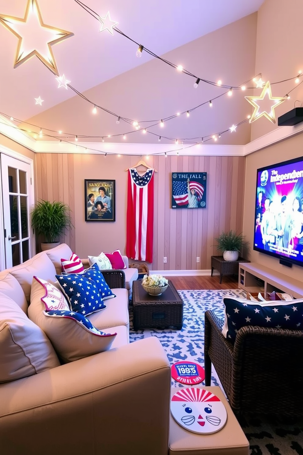 Create a cozy home theater setting adorned with Fourth of July themed coasters. The coasters feature vibrant red, white, and blue designs, adding a festive touch to the space. Incorporate plush seating with patriotic throw pillows and a large screen displaying classic Independence Day movies. String lights in the shape of stars hang above, creating a warm and inviting atmosphere for celebrating the holiday.