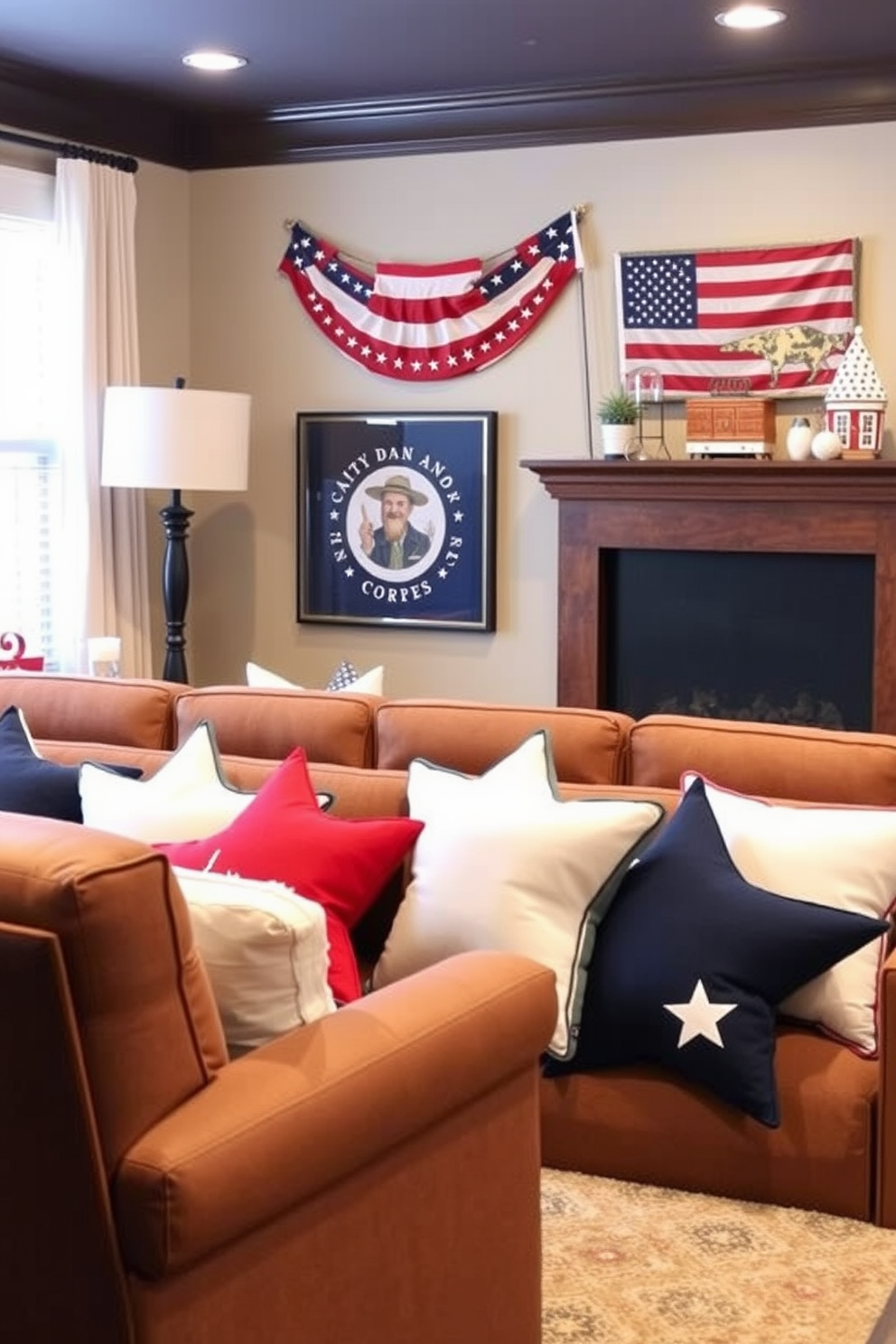 A festive Independence Day trivia game setup. The table is adorned with red white and blue decorations featuring stars and stripes. A cozy home theater decorated for Independence Day. Red white and blue cushions and blankets are arranged on the seating with themed snacks displayed on a nearby table.