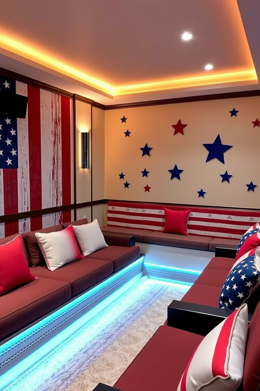 Create a cozy home theater setting for Independence Day featuring star shaped candles that provide a warm ambiance. The room is adorned with red white and blue decorations reflecting the festive spirit while comfortable seating invites relaxation.