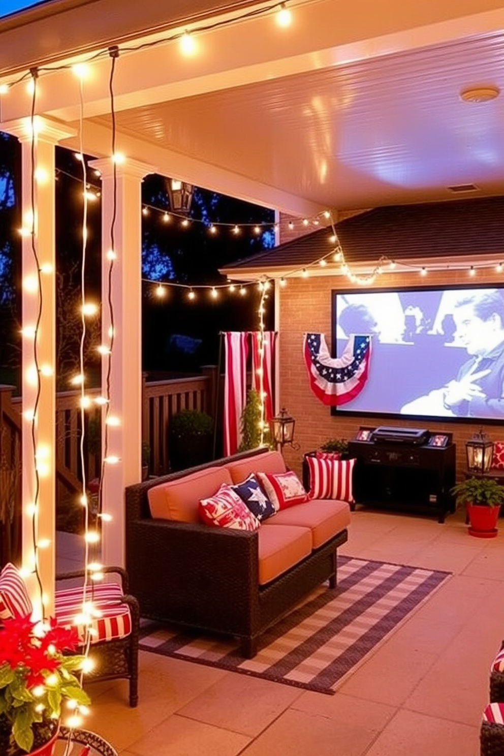 Festive outdoor lighting for ambiance. Strings of warm white fairy lights are draped elegantly across the patio, illuminating the space with a soft glow. Independence Day home theater decorating ideas. Red white and blue themed decorations adorn the walls and seating area, creating a patriotic atmosphere perfect for movie watching.