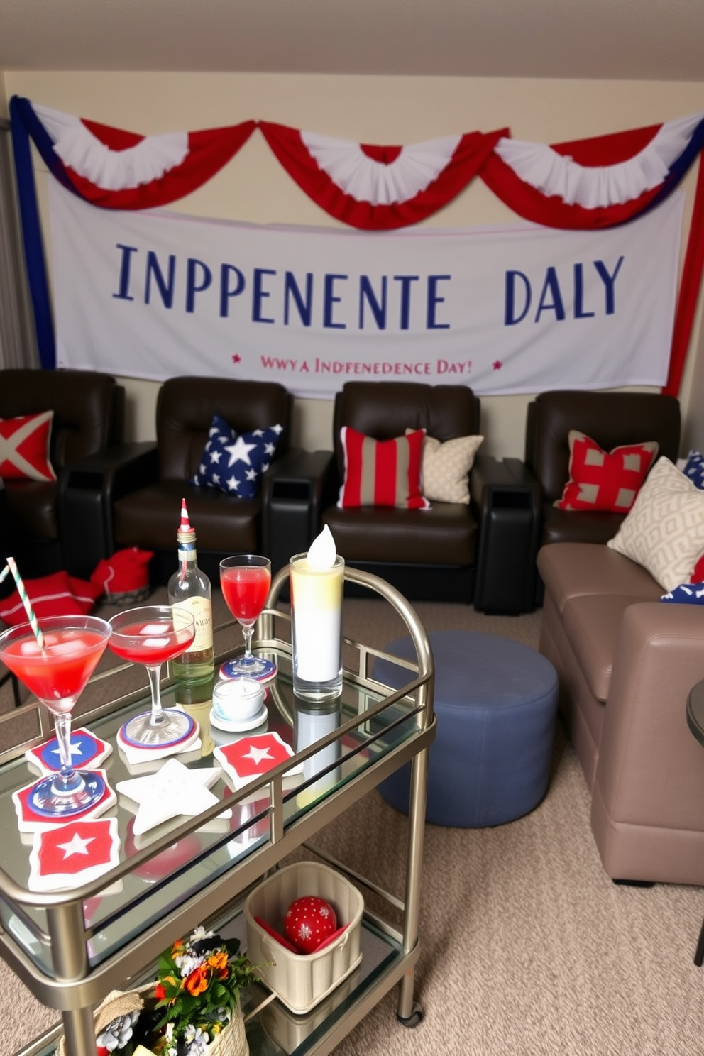 A stylish bar cart decorated in red white and blue for an Independence Day celebration. The cart features a mix of patriotic decor including star shaped coasters and themed drinkware alongside a selection of festive cocktails. In a cozy home theater setting, plush seating is arranged for optimal viewing. The decor includes red white and blue accents such as throw pillows and a large banner celebrating the holiday.