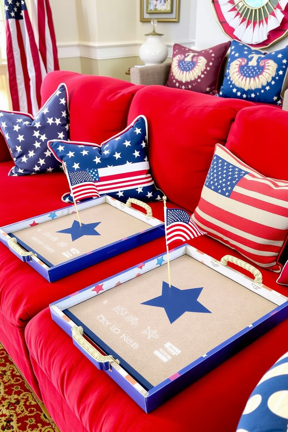 A vibrant home theater decorated for Independence Day features serving trays adorned with stars and stripes. The trays are set on a plush red and blue sofa, with patriotic cushions scattered around for added comfort.