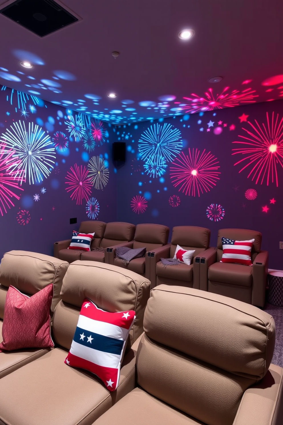 Create a cozy home theater setting decorated for Independence Day. Incorporate miniature American flags throughout the space, draping them from the ceiling and placing them on shelves and side tables. Use a deep blue color palette for the walls and plush seating, creating a patriotic atmosphere. Add red and white throw pillows and blankets to enhance the festive feel while maintaining comfort.