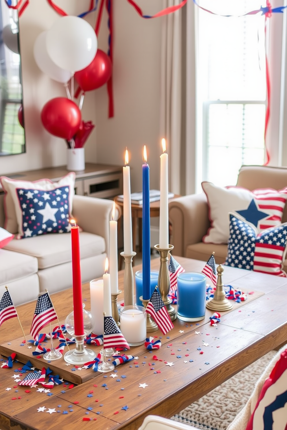 A cozy home theater setting themed for Independence Day. The room features plush seating adorned with red white and blue blankets, creating a festive atmosphere for viewing celebrations. The walls are decorated with patriotic artwork and string lights that enhance the ambiance. A large screen is the focal point of the room, surrounded by comfortable cushions and themed decor for an inviting movie night experience.