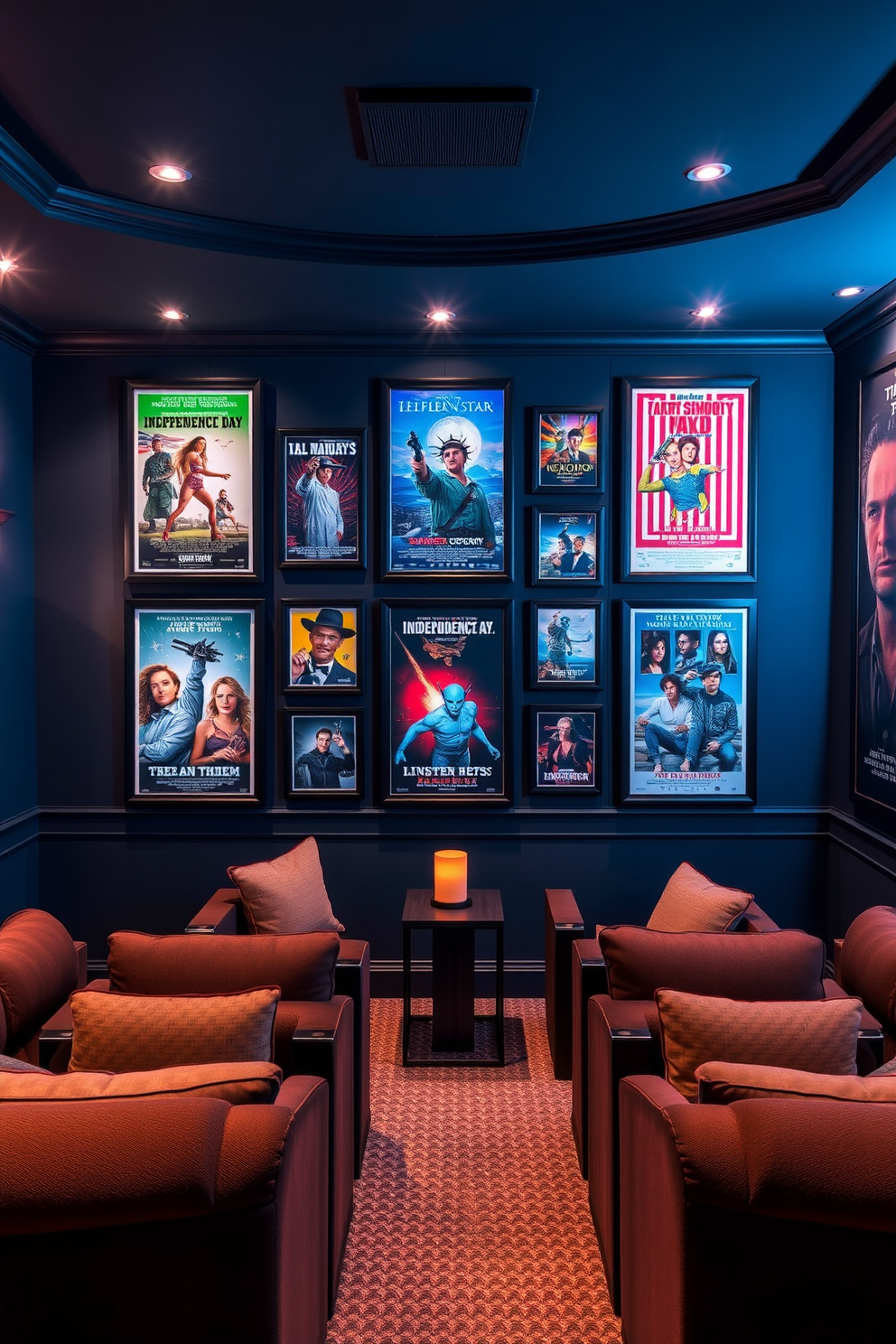 Create a stunning home theater that showcases a patriotic movie poster gallery featuring iconic films related to Independence Day. The walls are adorned with framed posters in bold colors, complemented by plush seating and ambient lighting that enhances the cinematic experience.