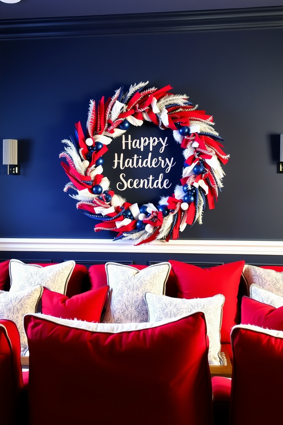 A festive home theater adorned with a decorative red white and blue wreath celebrating Independence Day. The walls are painted in a deep navy blue while plush red and white seating creates a cozy viewing area.