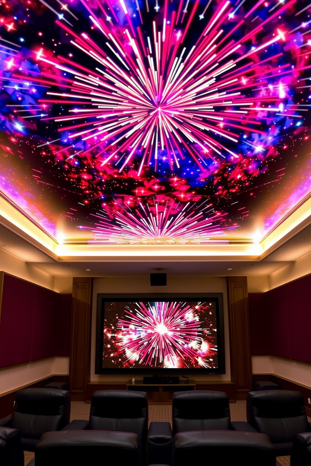 A festive popcorn station is set up for an Independence Day celebration. The station features a vintage-style popcorn machine, colorful striped popcorn containers, and decorative flags in red, white, and blue. The backdrop includes a cozy home theater setting with plush seating and patriotic-themed cushions. String lights twinkle above, adding a warm glow to the festive atmosphere.