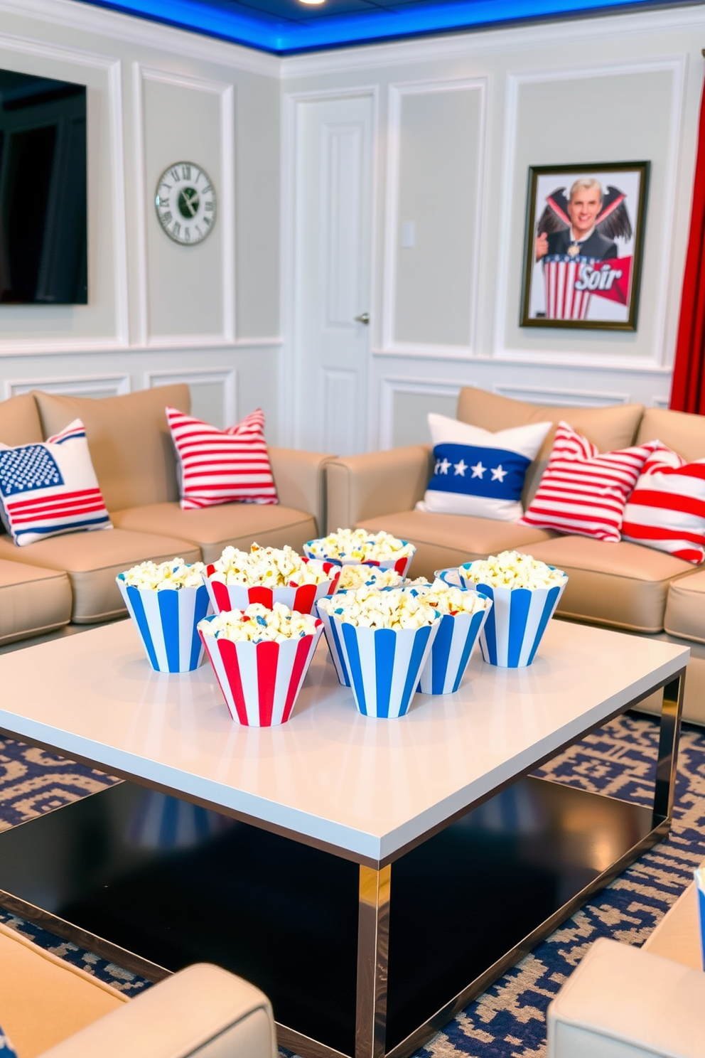 A cozy home theater featuring vintage Americana movie posters adorning the walls. The seating area consists of plush red velvet recliners arranged for optimal viewing, with a classic popcorn machine in the corner.