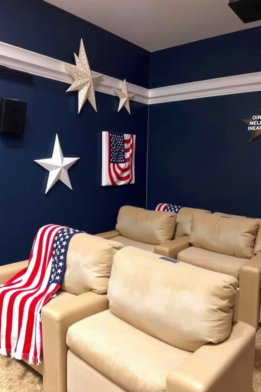 A cozy home theater decorated for Independence Day features plush seating adorned with American flag throw blankets draped over the armrests. The walls are painted in a deep navy blue, and patriotic-themed decor, such as star-shaped wall art, enhances the festive atmosphere.