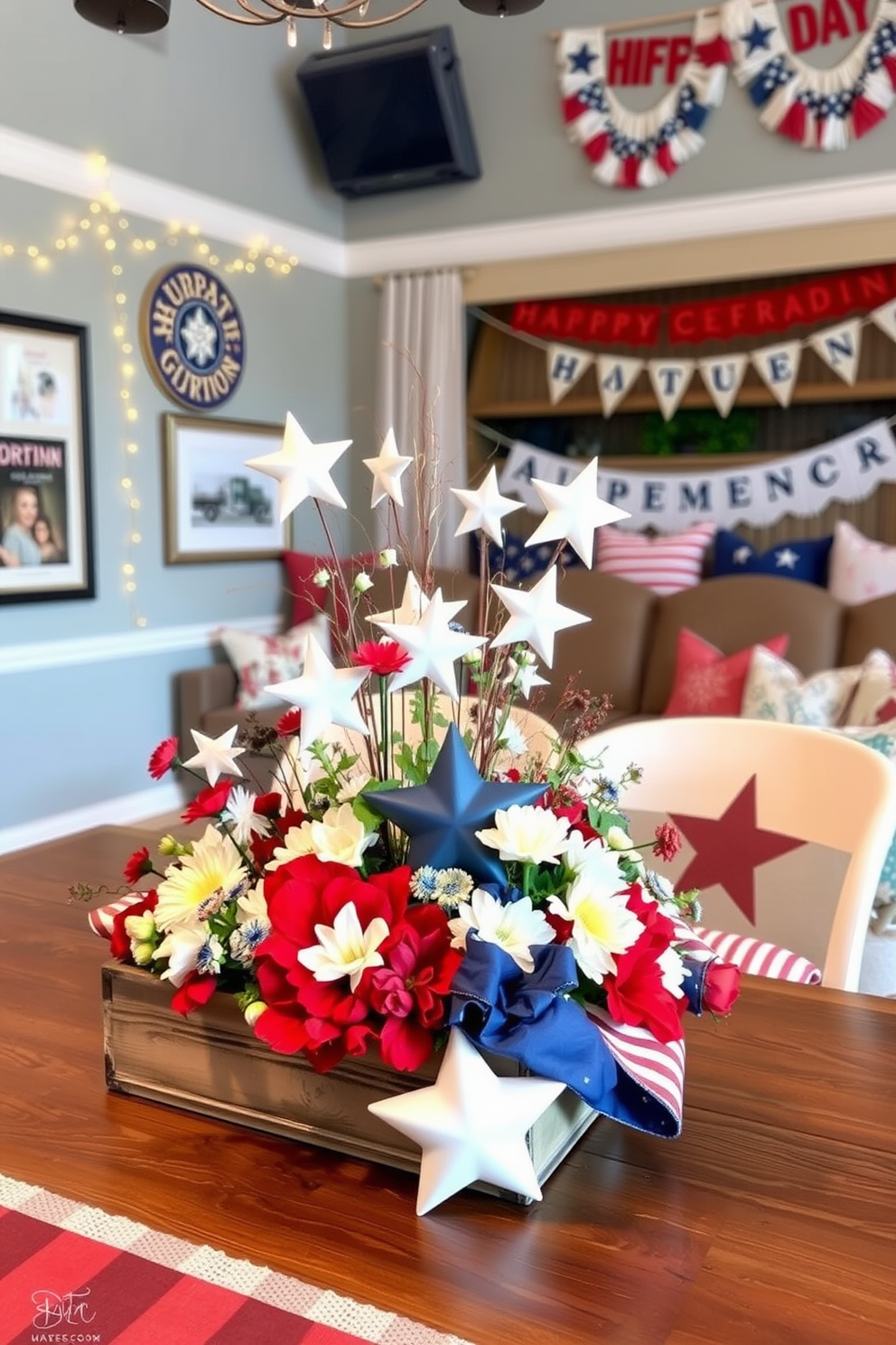 A festive table centerpiece for Independence Day featuring a red white and blue color scheme. The arrangement includes a mix of fresh flowers and decorative stars set in a rustic wooden box. A cozy home theater decorated for Independence Day with themed cushions and throws in patriotic colors. The walls are adorned with string lights and banners that celebrate the holiday spirit.