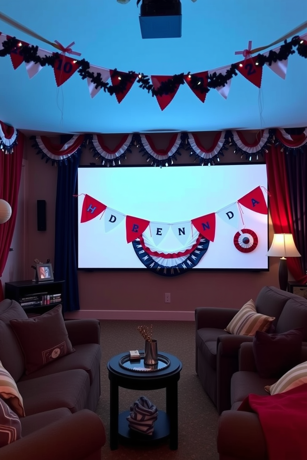 A cozy home theater setting adorned with festive bunting and garlands celebrating Independence Day. The walls are draped with red white and blue decorations while comfortable seating is arranged for an inviting movie night atmosphere.