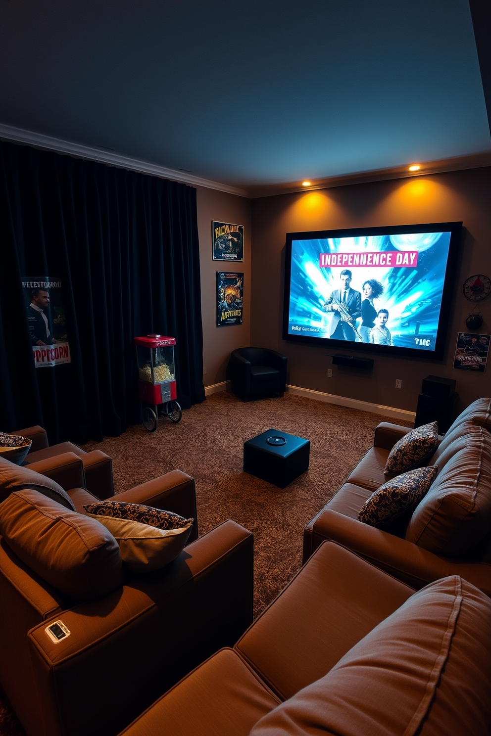 A cozy home theater designed for a themed movie night featuring classic films like Independence Day. The room is equipped with plush seating arranged in a semi-circle around a large screen, with soft lighting creating a warm and inviting atmosphere. The walls are adorned with vintage movie posters and a popcorn machine stands in the corner, adding to the nostalgic vibe. Dark curtains frame the windows, blocking out any light to enhance the cinematic experience.