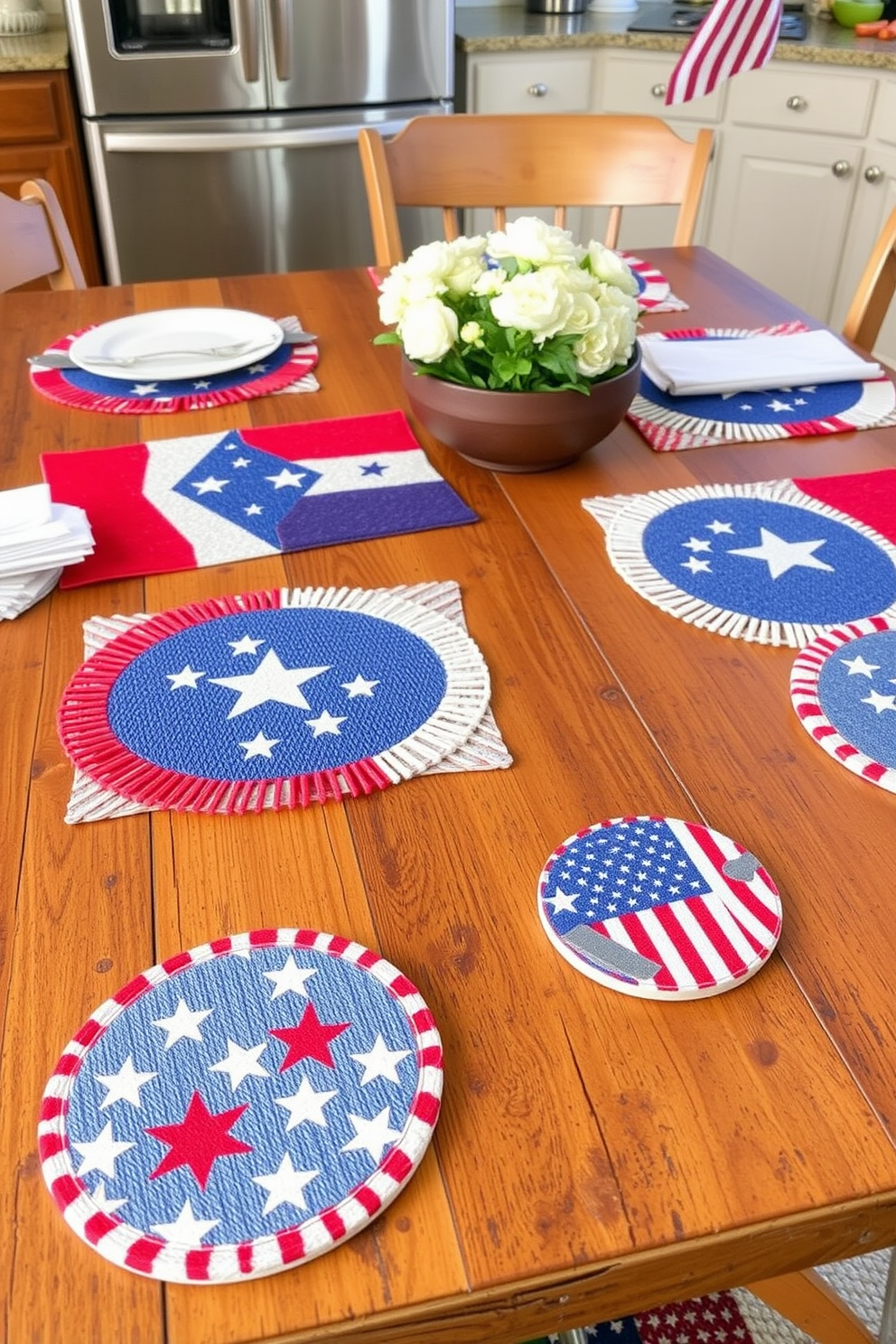 A festive kitchen setting celebrating Independence Day. The table is adorned with decorative red, white, and blue placemats that create a vibrant contrast against a rustic wooden table. Above the table, string lights in various colors add a warm glow to the space. Fresh flowers in a mason jar centerpiece complement the patriotic theme, enhancing the overall festive atmosphere.