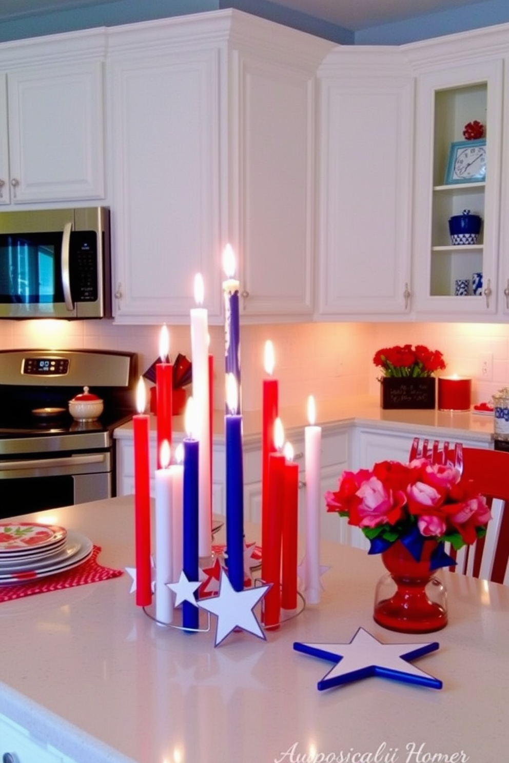 Create an inviting kitchen setting inspired by the vibrant colors of Independence Day. Incorporate firecracker-themed candle arrangements on the countertop, featuring red, white, and blue candles of varying heights arranged in a playful cluster. Enhance the festive atmosphere with decorative elements like star-shaped dishware and patriotic-themed table linens. The walls should be painted in a soft white, allowing the colors of the decorations to pop and create a cheerful ambiance.