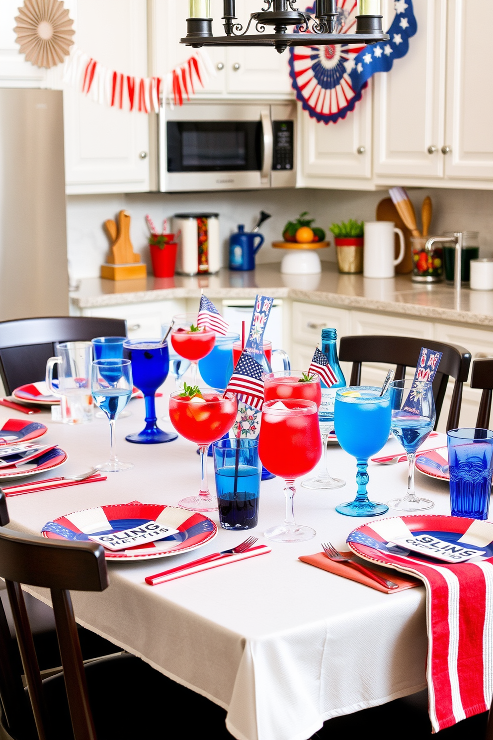 A cheerful kitchen adorned with patriotic bunting draped around the windows, celebrating Independence Day. The space features red white and blue accents with a rustic wooden table set for a festive gathering.