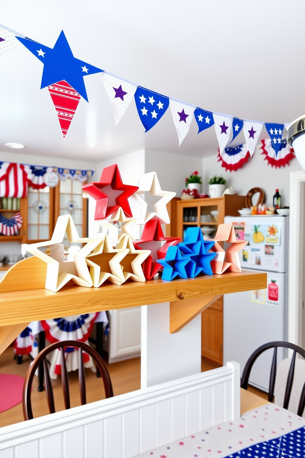 Star shaped cookie cutters are arranged artfully on a wooden shelf in a bright and cheerful kitchen. The decor features red white and blue accents with festive bunting hanging from the ceiling and a patriotic tablecloth on the dining table.