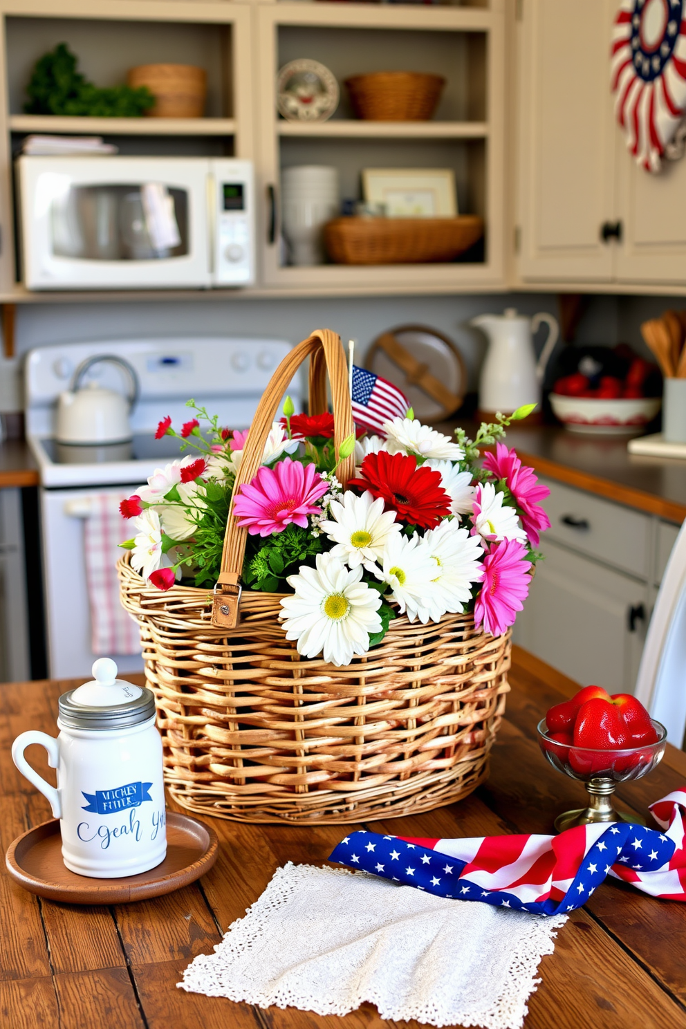 A charming kitchen scene featuring a vintage picnic basket as the centerpiece of the decor. The basket is filled with fresh flowers and placed on a rustic wooden table, surrounded by red, white, and blue accents to celebrate Independence Day.