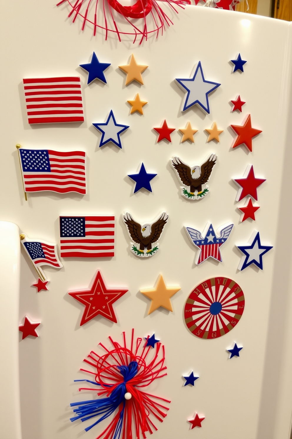 The kitchen is adorned with themed napkin rings featuring stars in red white and blue colors. Each napkin ring is elegantly designed to enhance the festive atmosphere of Independence Day celebrations.