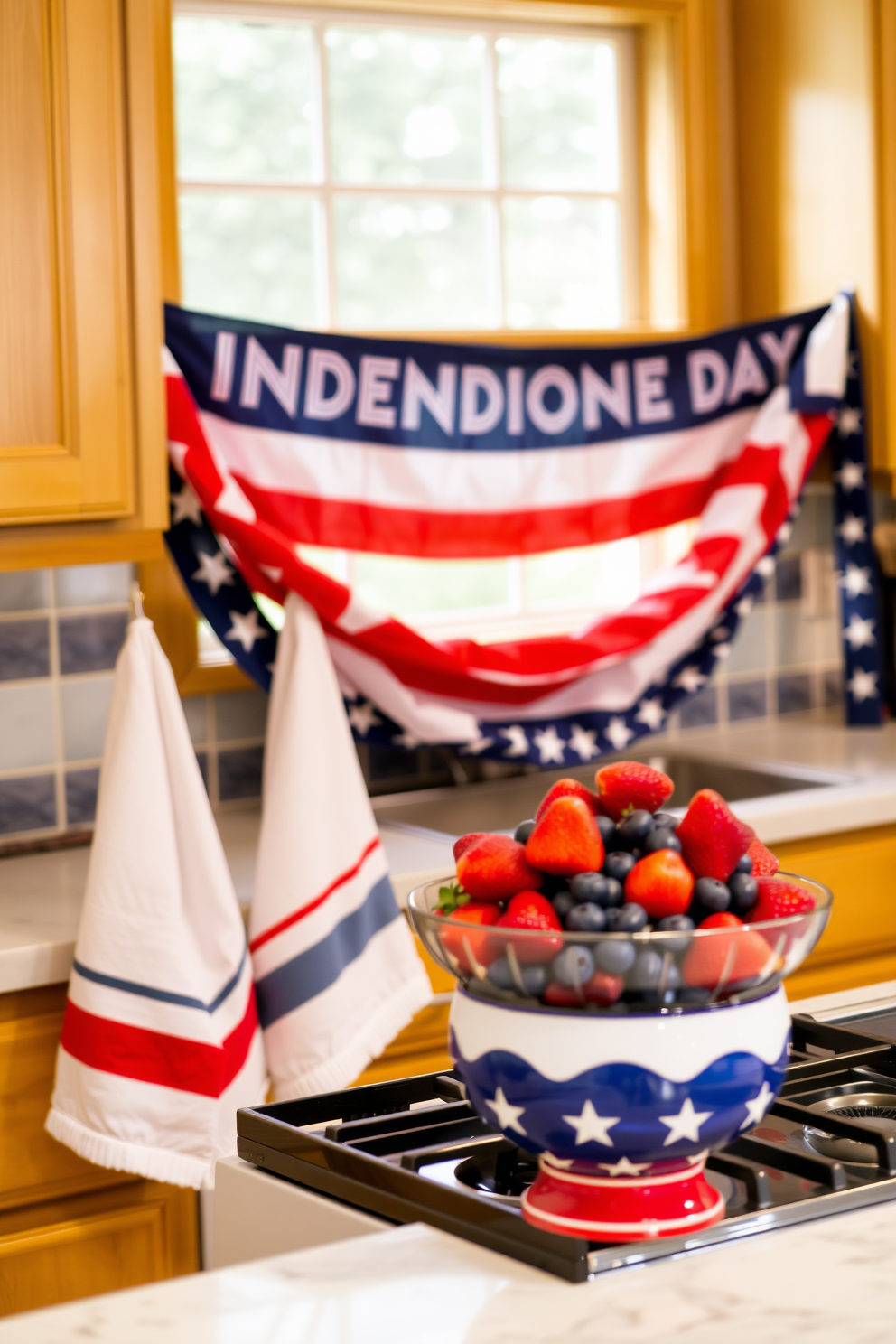 A festive kitchen setting celebrating Independence Day. The space features red, white, and blue dish towels hanging from the oven handle, complementing a cheerful patriotic theme. The countertops are adorned with a vibrant fruit bowl filled with strawberries and blueberries. In the background, a star-spangled banner is draped across the window, enhancing the holiday spirit.