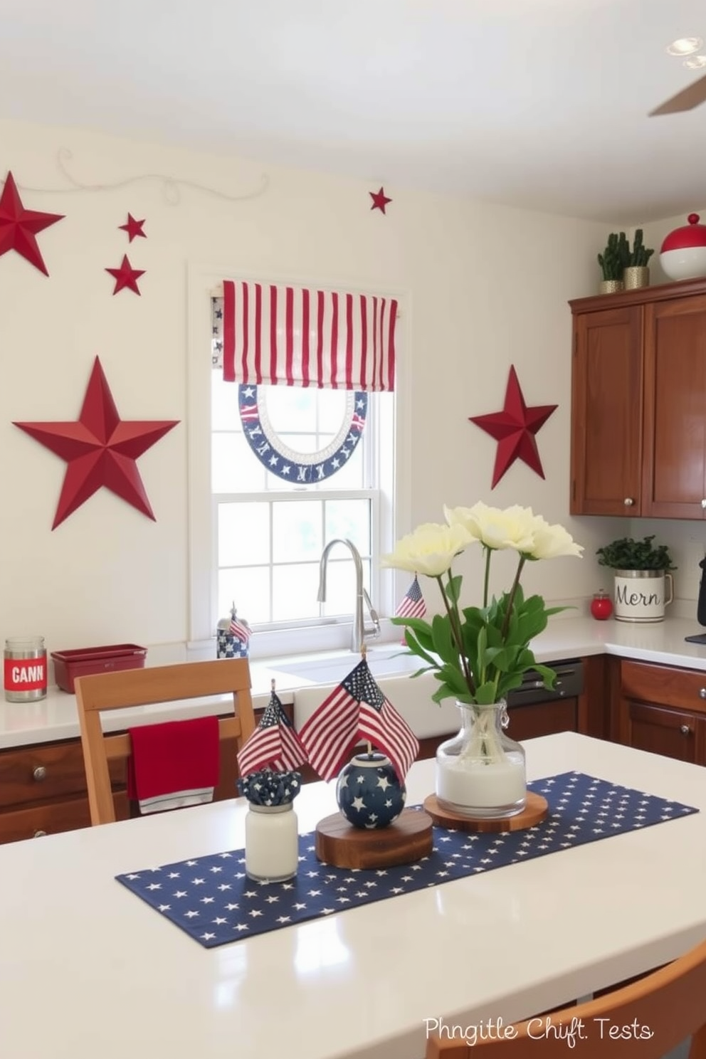 A festive kitchen scene celebrating Independence Day. The countertop is adorned with star-shaped cookie cutters in red white and blue alongside a bowl of cookie dough ready for baking. Colorful decorations featuring American flags and bunting hang from the cabinets. A rustic wooden table set with patriotic-themed dishware completes the cheerful atmosphere.