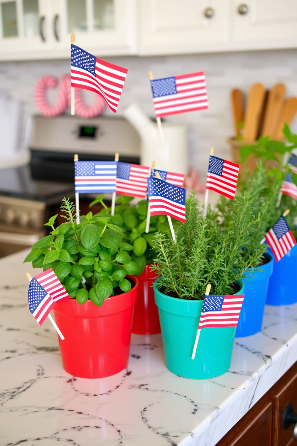 A festive kitchen setting adorned with mini flags placed in vibrant potted herbs. The countertop is decorated with an array of colorful pots, each showcasing fresh basil, rosemary, and thyme, while the flags add a cheerful Independence Day touch.