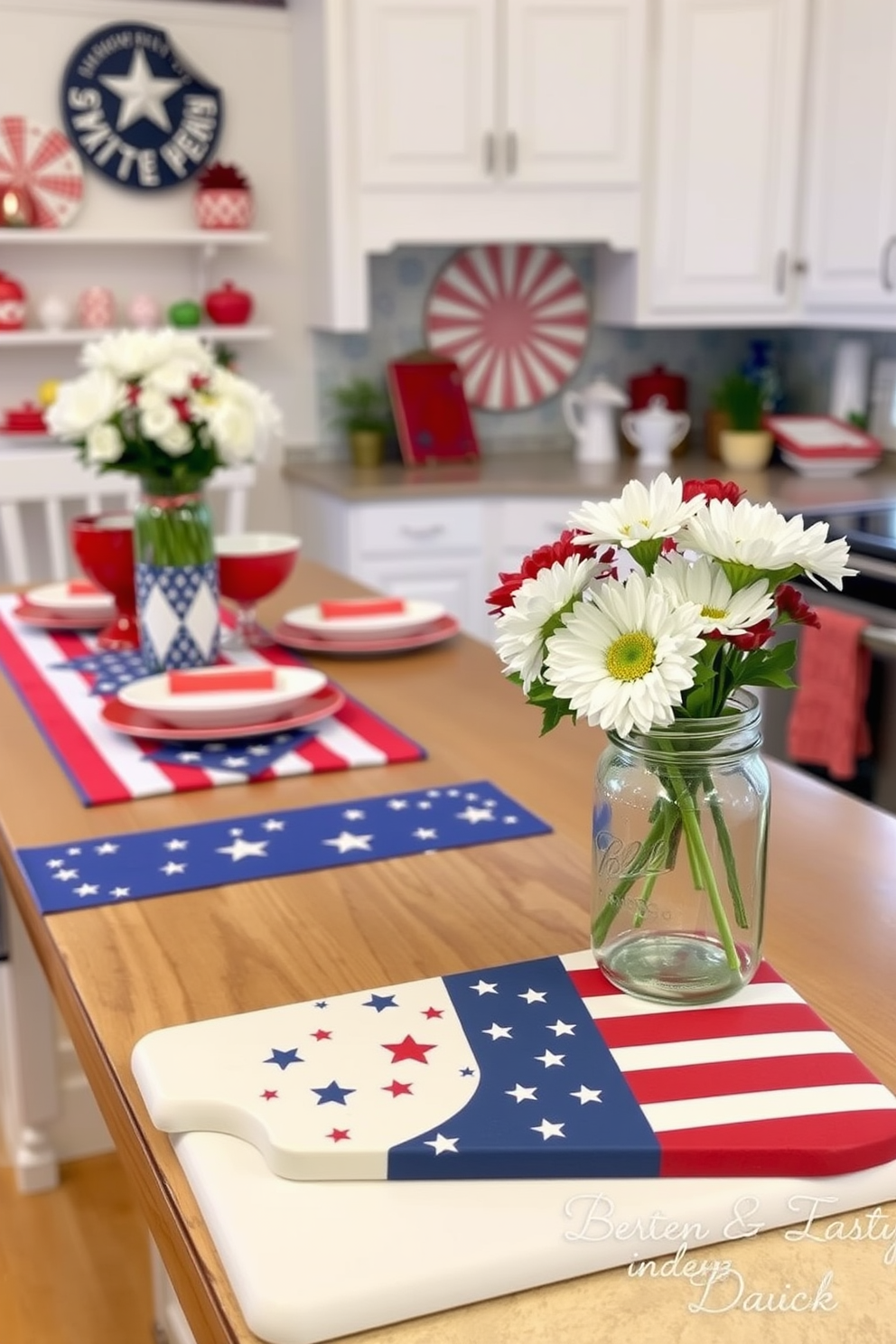 A festive kitchen setting celebrating Independence Day. The cutting board is adorned with vibrant red white and blue colors featuring stars and stripes. The kitchen is decorated with patriotic accents such as a flag-themed table runner and red white and blue dishware. Fresh flowers in a mason jar add a cheerful touch to the countertop.