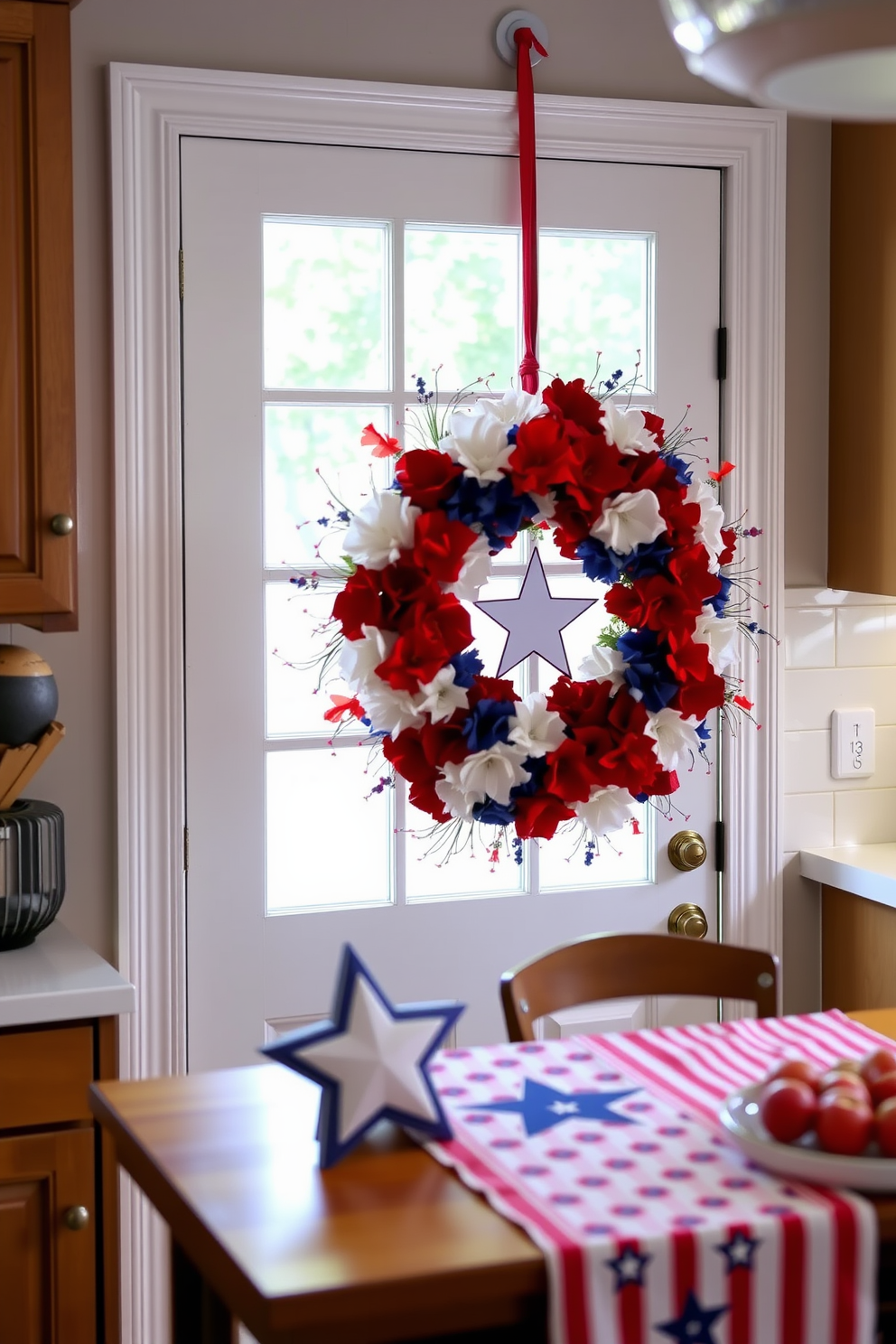 A festive wreath made of red white and blue flowers hangs on the kitchen door creating a vibrant focal point. The kitchen is adorned with stars and stripes accents including table runners and dish towels to celebrate Independence Day.