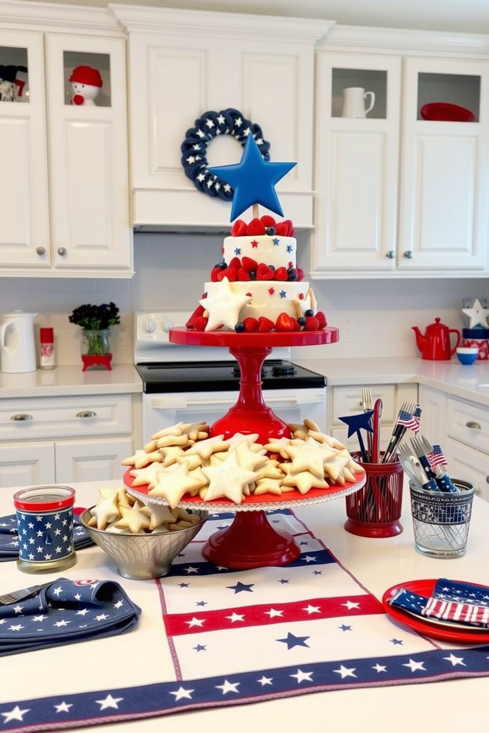 A cheerful kitchen setting adorned with decorative bowls filled with vibrant seasonal fruits. The bowls are placed on a rustic wooden countertop, complemented by red, white, and blue accents to celebrate Independence Day.