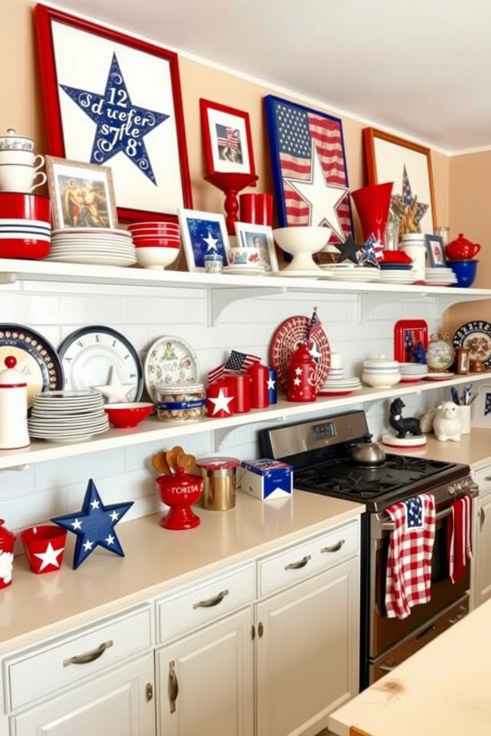 A vibrant kitchen adorned with patriotic themed artwork displayed on open shelves. The decor features red white and blue accents with stars and stripes incorporated into dishware and textiles.