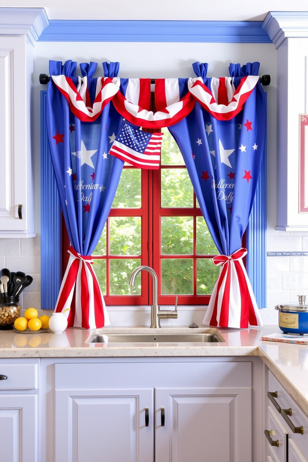 A vibrant kitchen adorned with red white and blue themed curtains celebrating Independence Day. The curtains feature bold stripes and stars, complementing a cheerful color palette that enhances the festive atmosphere.