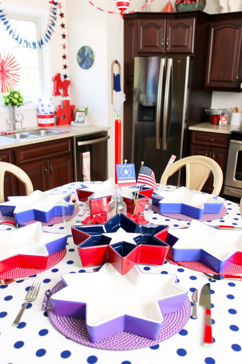 Star shaped serving platters are arranged on a festive table set for Independence Day. The kitchen is adorned with red white and blue decorations creating a cheerful atmosphere for celebrating the holiday.