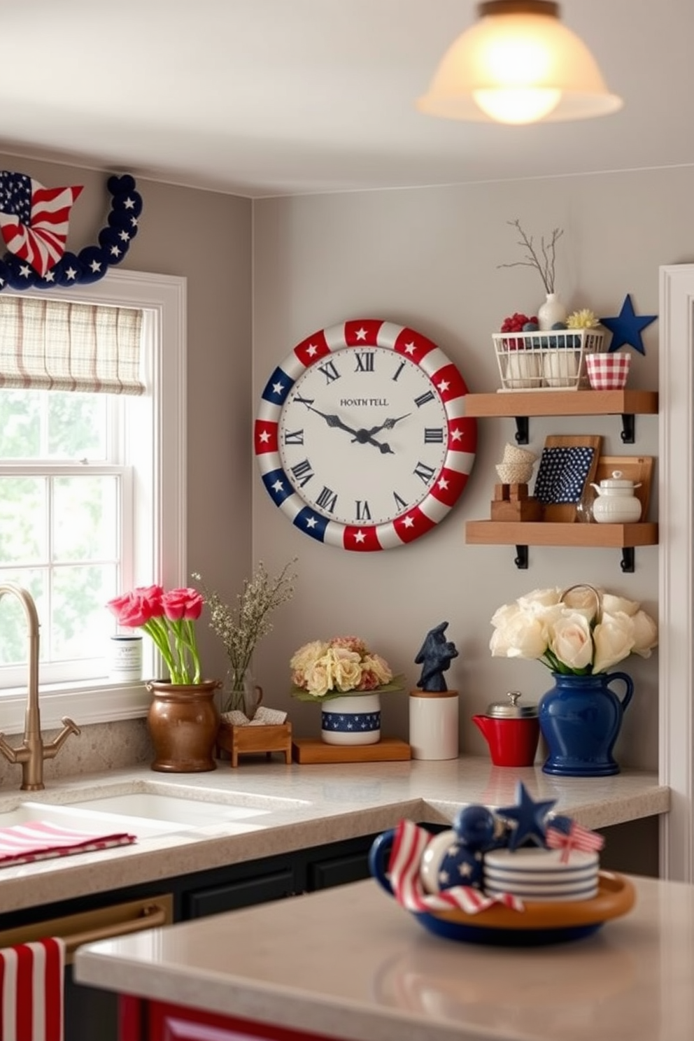 Festive coasters adorned with iconic American symbols such as the stars and stripes of the flag and the bald eagle are placed on a rustic wooden table. The coasters are complemented by a vibrant red, white, and blue table runner that enhances the patriotic theme of the kitchen decor.