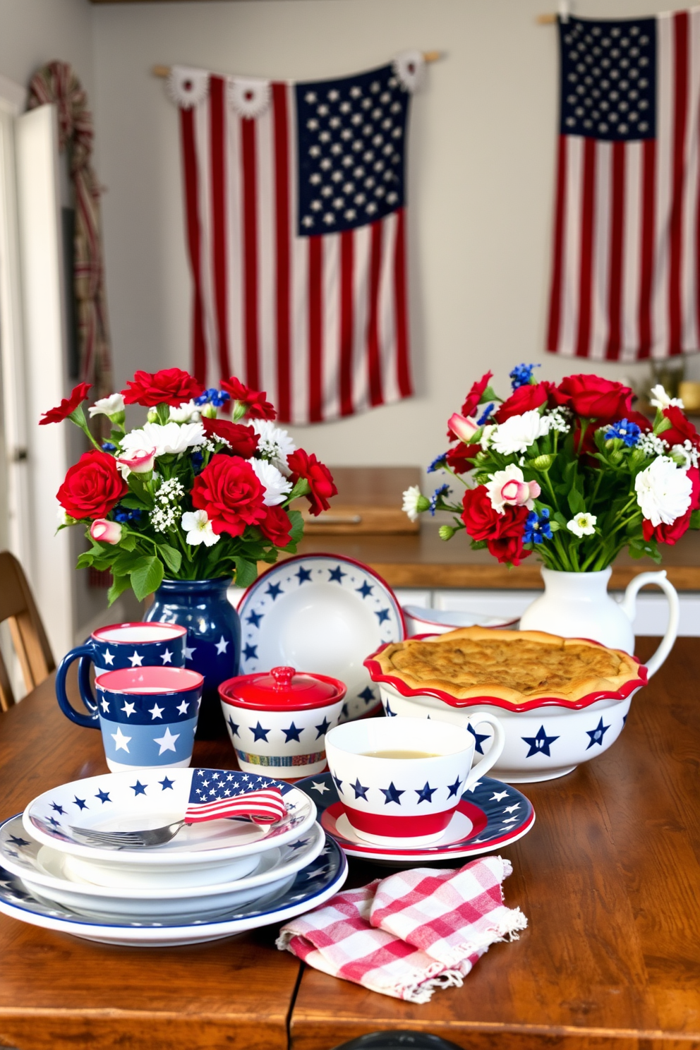 A patriotic themed kitchen featuring vibrant red white and blue dish towels hanging from the oven handle. The kitchen decor includes stars and stripes accents with a festive table setting showcasing a red gingham tablecloth and decorative centerpieces.