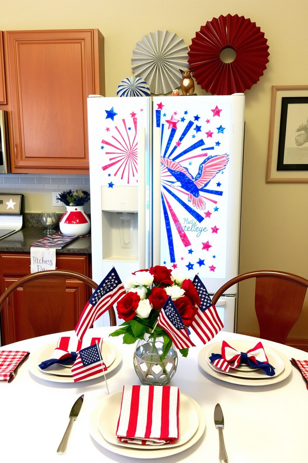 Independence Day themed fridge art featuring a vibrant display of red white and blue colors. The artwork includes stars and stripes along with festive elements like fireworks and an eagle. Independence Day kitchen decorating ideas showcasing a patriotic color scheme with table linens and dishware. The decor includes themed centerpieces such as small flags and red white and blue flowers in a vase.