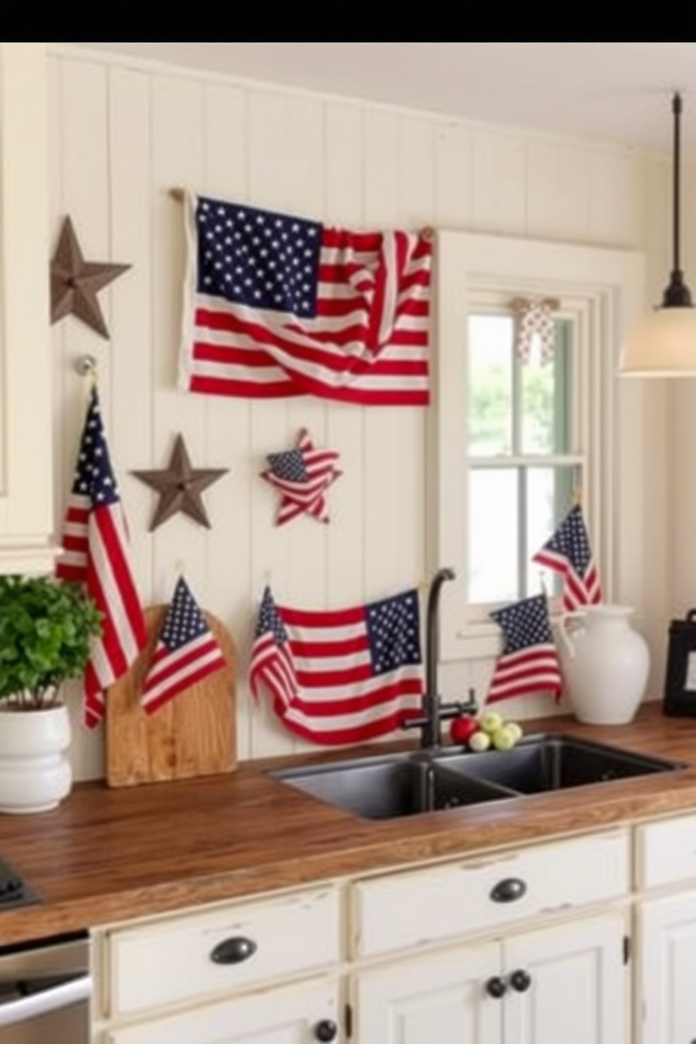 A cozy kitchen adorned with vintage American flags as decor. The walls are painted in a soft cream color, and the countertops are made of rustic wood, creating a warm atmosphere for Independence Day celebrations.